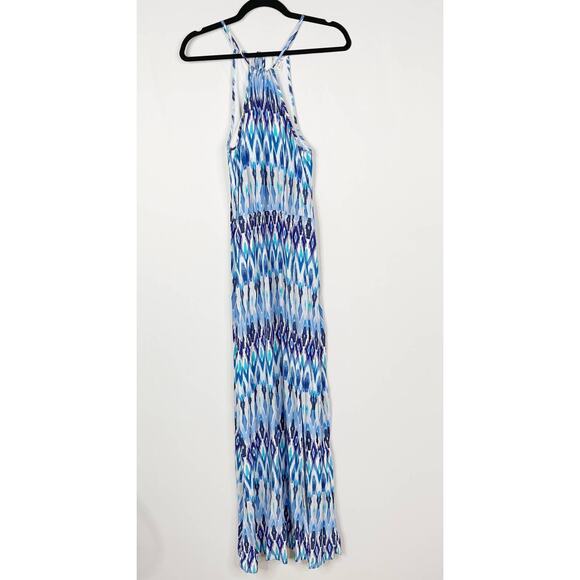 Athleta Small S Blue Kissma Maxi Dress Halter Neck Tie Waist Keyhole Slit Casual - Picture 1 of 12